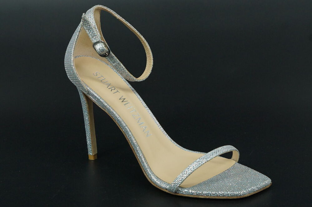 Stuart Weitzman Nudistcurve 100 Silver Glitter Ankle Strappy Sandals SZ 10 $495